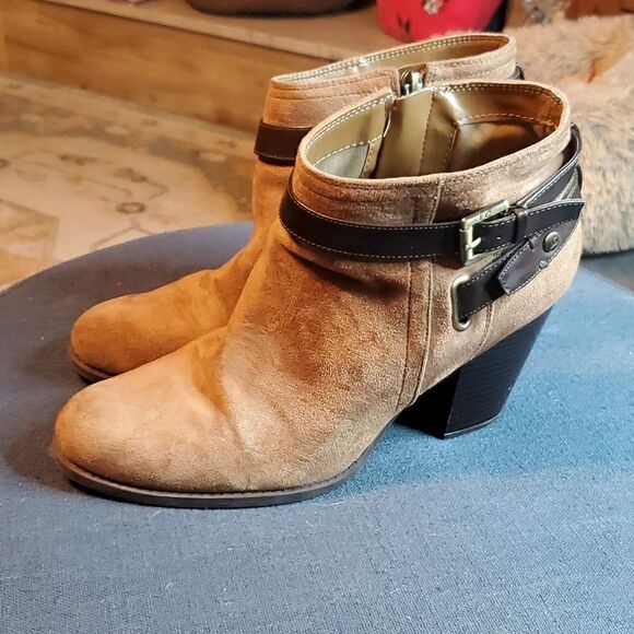Liz Claiborne Brown Suede Ankle Boots with Leather Strap - Block Heel - Size 10 - Picture 1 of 10